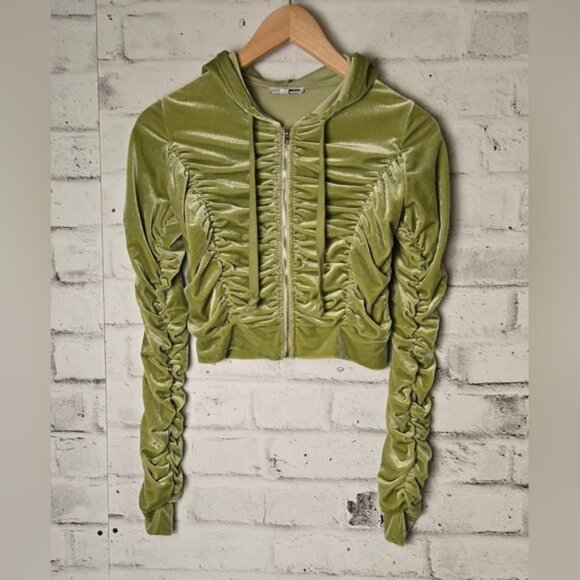 Fashion Nova Olive Green Cropped Ruched Velvet Zip-Up Hoodie - Picture 1 of 9